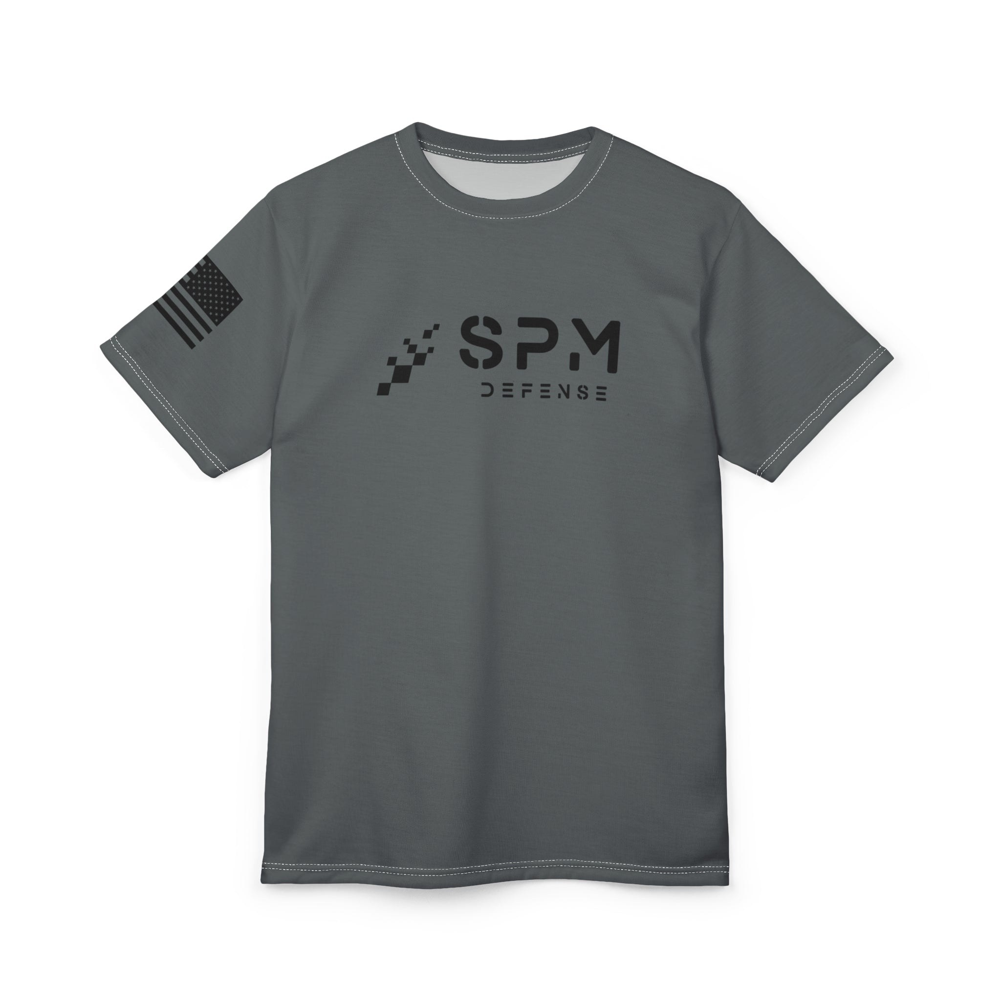 SPM Defense Evaluator Tactical Tee — American Flag Sleeve Military-Inspired Shirt